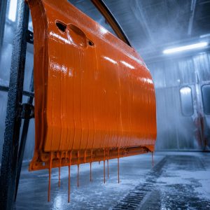Porta de carro em uma cabine de pintura industrial, coberta por uma camada espessa de tinta laranja brilhante que escorre da borda inferior em um ambiente frio e enevoado.